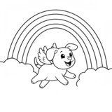 A puppy with wings flying by a rainbow for coloring.