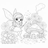 Kawaii fairy with a wand in a magical mushroom garden