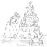 A princess building a sandcastle on the beach.