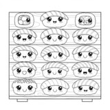 A group of cute sushi characters with smiling faces to color.