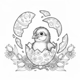 A baby chick hatching from a patterned Easter egg to color.