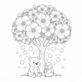 A bear and a penguin having a spring picnic under a magic tree.