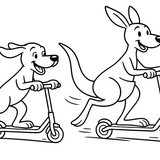 A speedy dog and kangaroo zooming through town