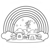 Fairy flying near mushroom houses and a rainbow