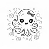 A cute kawaii octopus with a bow and bubbles to color.