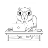 Kawaii capybara working at a computer desk coloring page