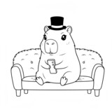 Kawaii capybara sitting on a couch coloring page