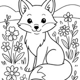 A fluffy fox resting among flowers