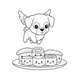 A puppy with wings and sushi for coloring.