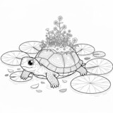 A turtle with a magic garden on its back in a spring pond.