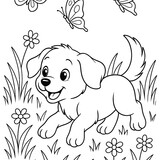 A sweet puppy happily chasing butterflies