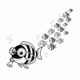 A group of young fish following their teacher in a line to color.