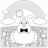 A chicken in a spring field with a rainbow to color.