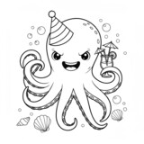 A happy octopus wearing a party hat and holding a summer drink.