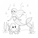 A cute mermaid and a friendly octopus swimming together underwater.