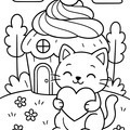 Cat holding a heart infront of a cupcake house