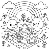 A turtle and pig sharing snacks under the colors