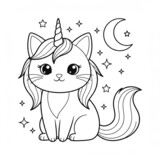 A cute caticorn sitting among stars for coloring.
