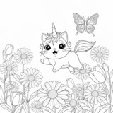 A caticorn in a flower garden for coloring.