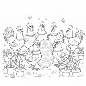 Chickens playing in a spring garden around an egg to color.