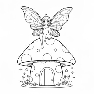 A cute fairy sitting on top of a mushroom house