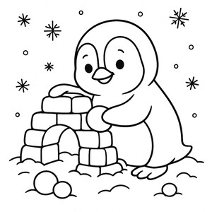 A playful penguin stacking up snow