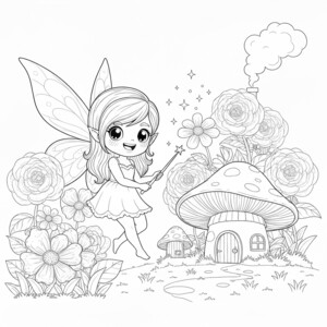 Kawaii fairy with a wand in a magical mushroom garden