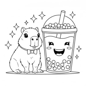 A kawaii capybara with a boba drink for coloring.
