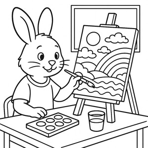 An artistic bunny painting happily