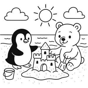 A penguin and bear teaming up for the perfect castle