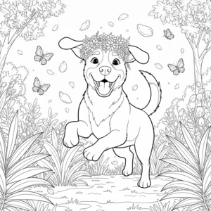 A happy dog with a flower crown in a magic spring garden.