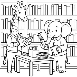 A giraffe and elephant helping visitors in the library