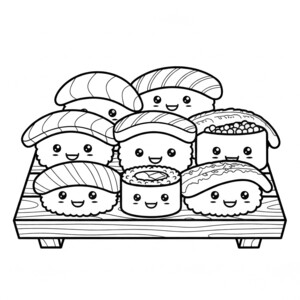 Happy kawaii sushi rolls for coloring