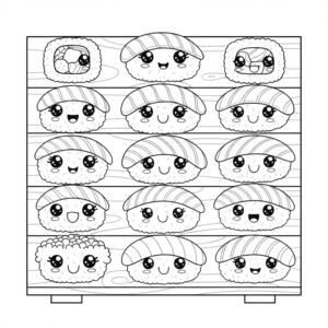 A group of cute sushi characters with smiling faces to color.