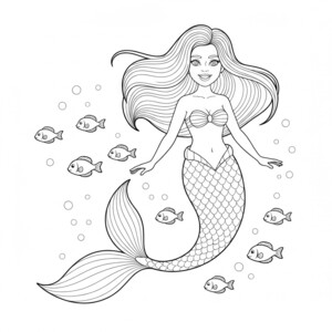 A smiling mermaid swimming with a group of small fish.