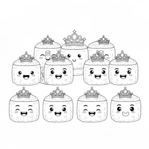 Adorable sushi rolls with princess crowns to color.