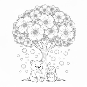 A bear and a penguin having a spring picnic under a magic tree.