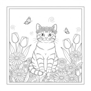 A cute cat wearing a flower crown in a spring garden.