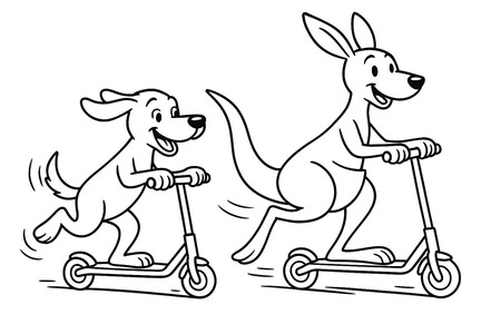 A speedy dog and kangaroo zooming through town