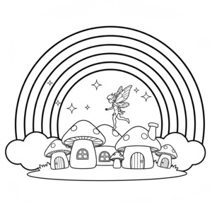 Fairy flying near mushroom houses and a rainbow