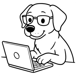 A clever puppy working at the computer