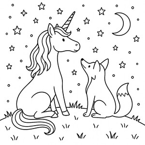 A magical unicorn and a curious fox watching stars