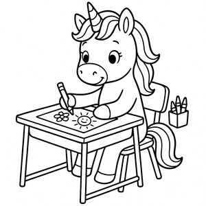 A sweet unicorn happily coloring