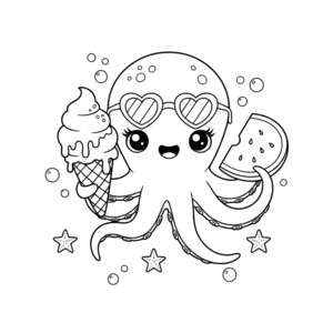 Kawaii octopus wearing sunglasses and holding an ice cream cone for coloring.