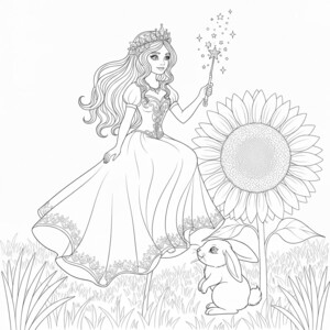 A princess on a giant sunflower with a rabbit.