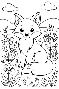 A fluffy fox resting among flowers