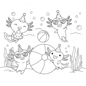 Cute axolotls wearing sunglasses and party hats at a summer party coloring page.