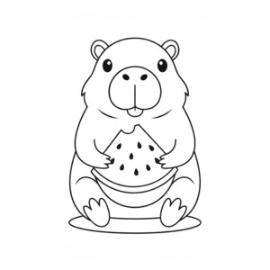 A kawaii capybara eating a watermelon slice for coloring.