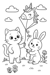 A cat and bunny holding a magical kite