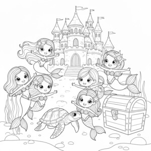 Kawaii mermaids and a turtle by an underwater castle